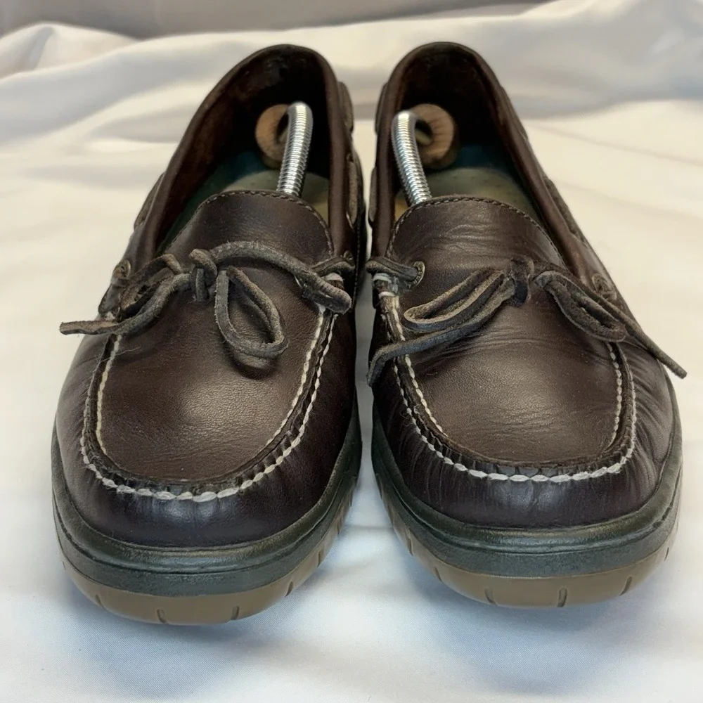 LL BEAN Camp Moc Loafers Boat Slip On Shoes Sz 9.5 Wide Brown Leather Dock Sider
